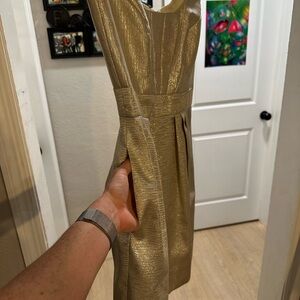 Metallic gold cocktail dress. Would be great for a charity event or holiday.